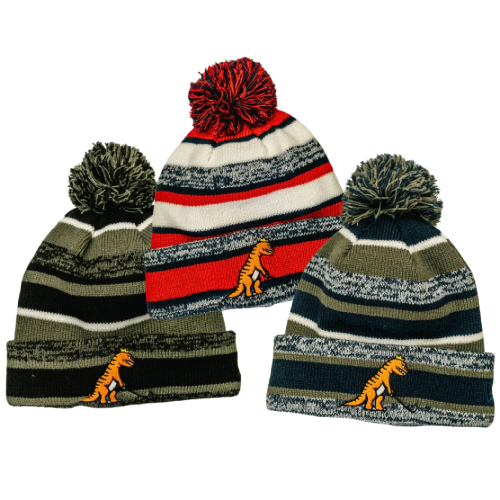 Three beanie hats featuring a rex golf shop dinosaur design on the front.