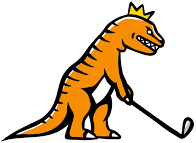 Cartoon dinosaur with a crown and golf club, serving as the logo for Rex Golf Shop.