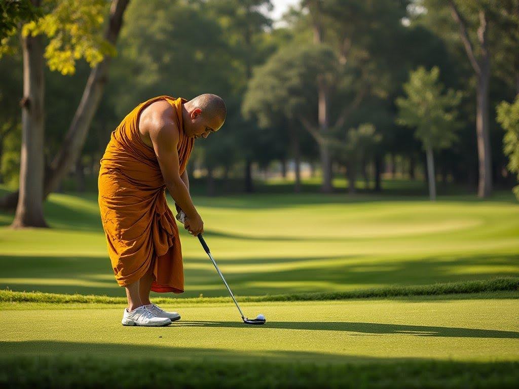 Buddhist monk in orange robe putting on golf course surrounded by trees.