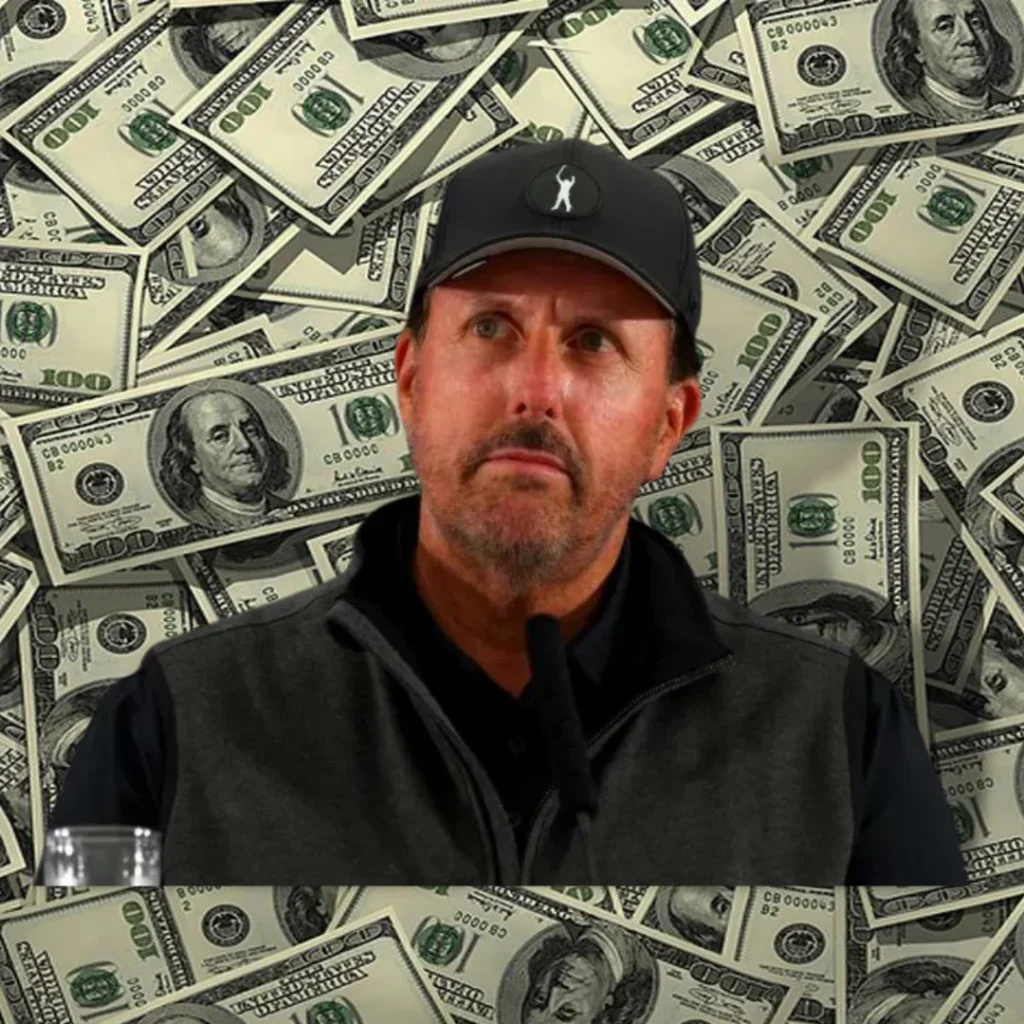 Phil Mickelson in front of background covered in hundred-dollar bills.
