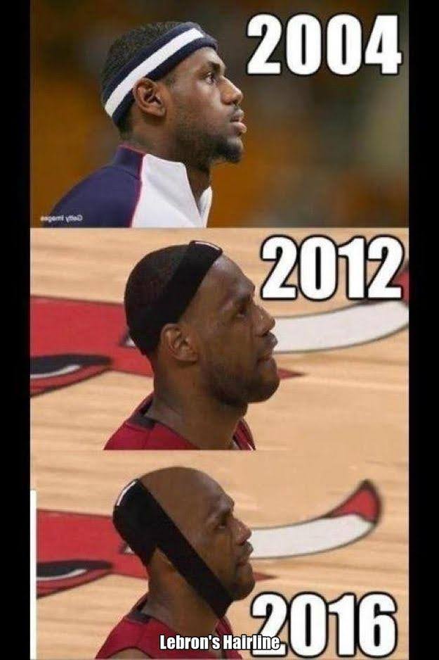 Humorous comparison of LeBron James' receding hairline from 2004 to 2016.