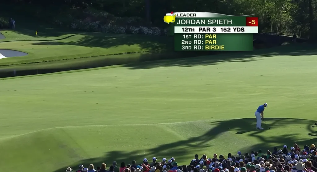 Jordan Spieth teeing off on 12th hole at Augusta with leaderboard showing him at -5.